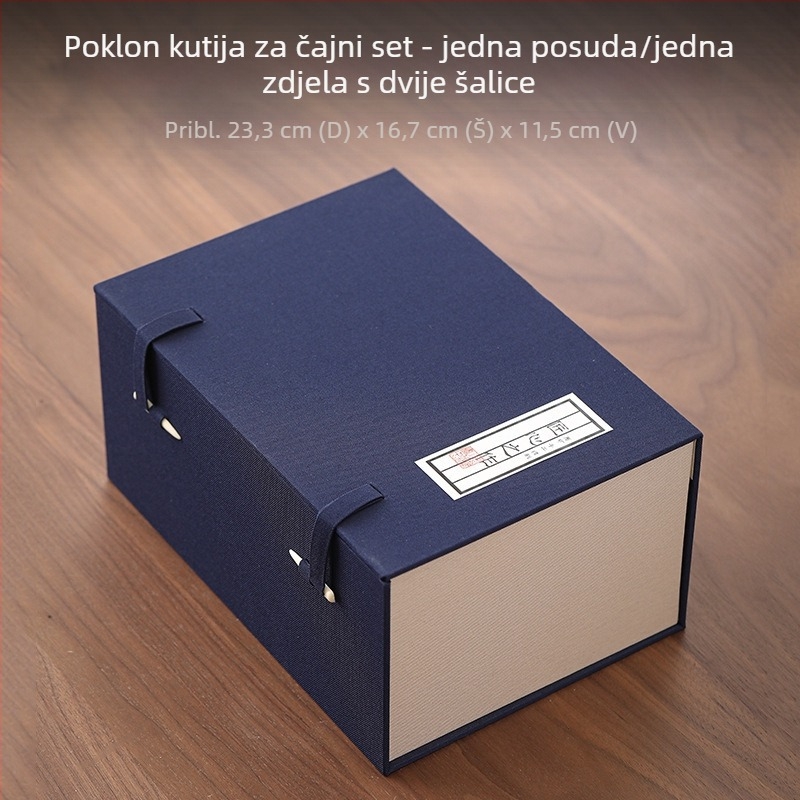 Plavi brokatni darovni set za čaj u kutiji: šalica, čajnik i zdjela s poklopcem