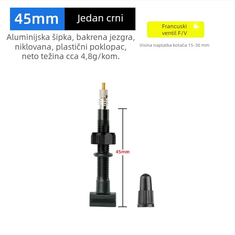 Tubeless ventil za bicikl s integriranom kvadratnom bazom, FV francuskog stila, aluminijska legura, duljine 45/60/80 mm