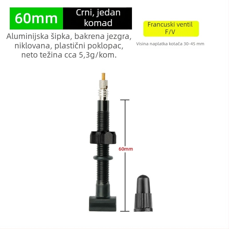 Tubeless ventil za bicikl s integriranom kvadratnom bazom, FV francuskog stila, aluminijska legura, duljine 45/60/80 mm