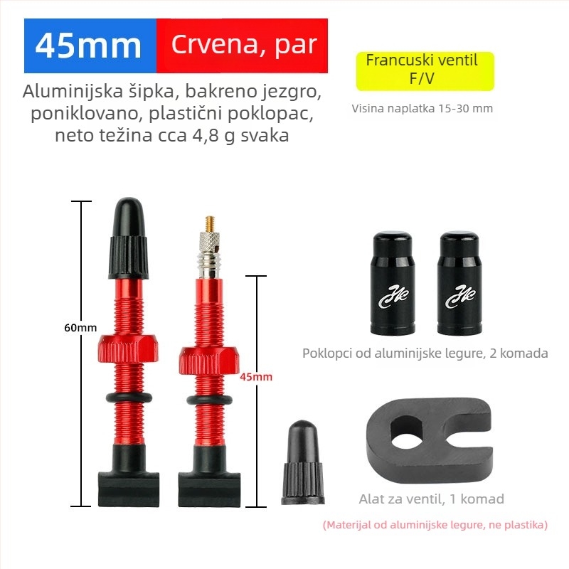 Tubeless ventil za bicikl s integriranom kvadratnom bazom, FV francuskog stila, aluminijska legura, duljine 45/60/80 mm