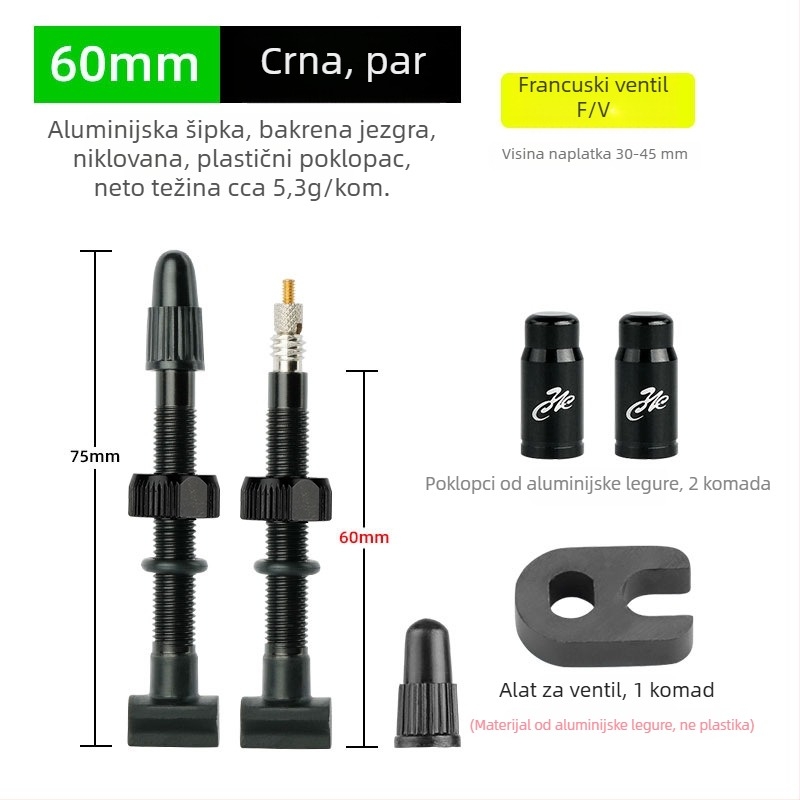 Tubeless ventil za bicikl s integriranom kvadratnom bazom, FV francuskog stila, aluminijska legura, duljine 45/60/80 mm