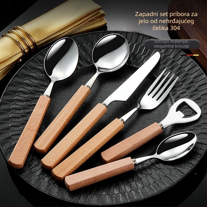 Set noževa i vilica s drškom od bukovine, 304 nehrđajući čelik, zapadni stil, minimalistički dizajn.