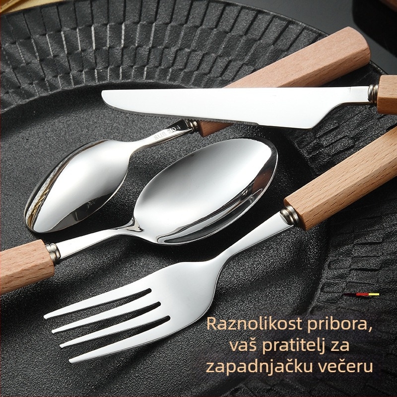 Set noževa i vilica s drškom od bukovine, 304 nehrđajući čelik, zapadni stil, minimalistički dizajn.