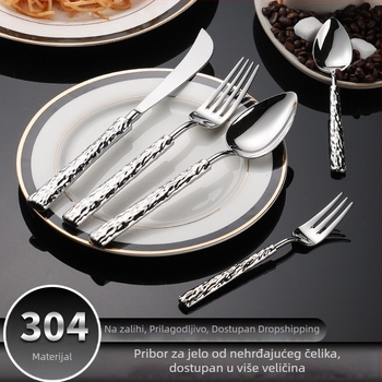 Set pribora od 304 nehrđajućeg čelika s reljefnim uzorkom kamena; vilica, nož i žlica; nož za steak u američkom stilu