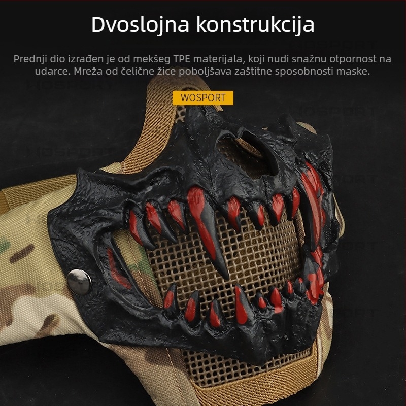 WOSPORT Nadograđena maska s vukovim zubima za CS zaštitu – taktička maska za biciklizam s dvostrukim slojem čelične žice