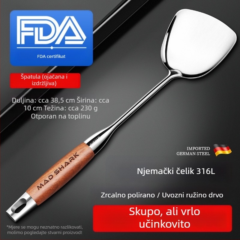 Set lopatice i žlice s ručkom od ružinog drveta, nehrđajući čelik, uz cedilicu i držač kuhinjskih posuđa