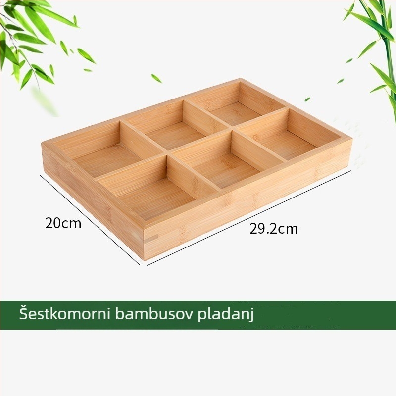 Drveni tanjur za voće i grickalice s pregradama i bambuskom drškom