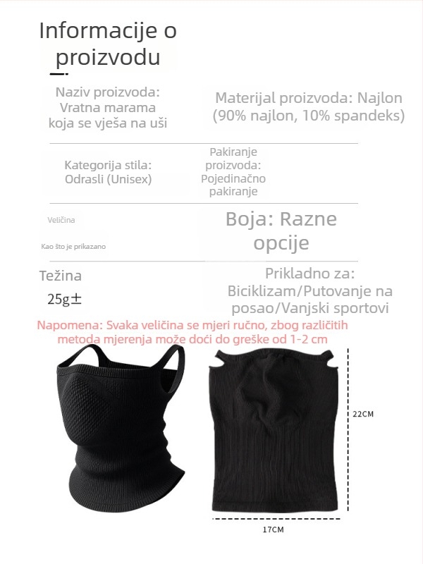 Bezšivni najlonski šal za vožnju biciklom s ušnim petljama, vjetrootpornost i toplina za hladno vrijeme, unisex