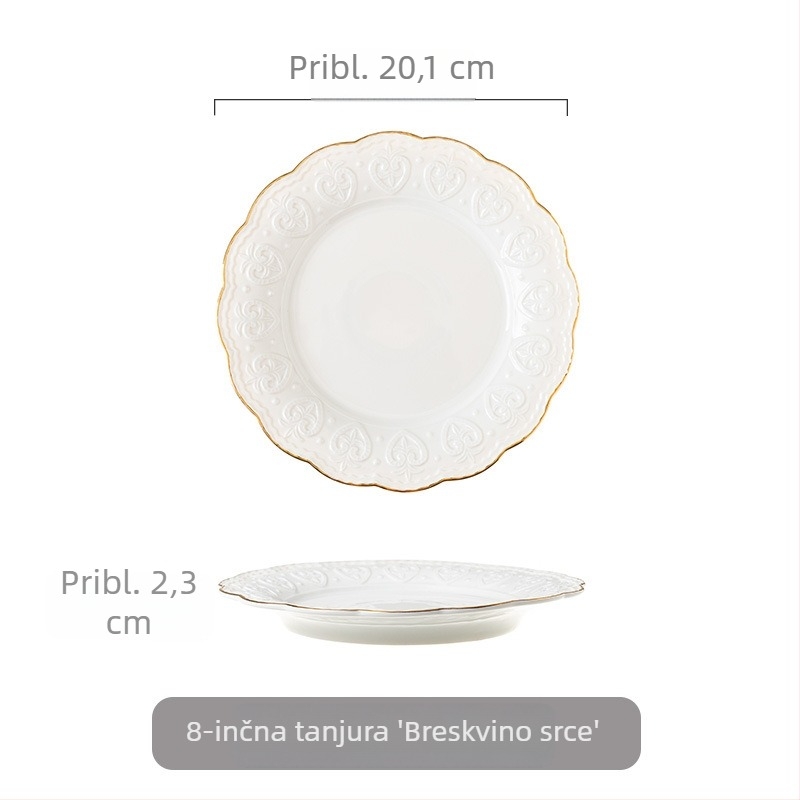 Porcelanski tanjur s reljefnim zlatnim rubom, europskog stila, okrugli tanjur za glavna jela i deserte