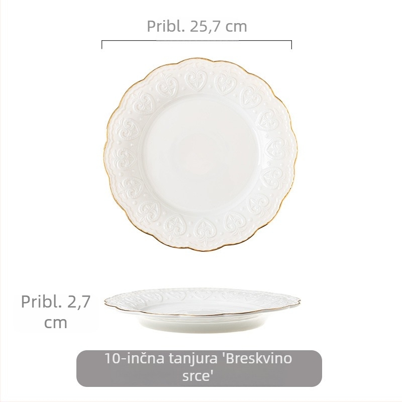 Porcelanski tanjur s reljefnim zlatnim rubom, europskog stila, okrugli tanjur za glavna jela i deserte