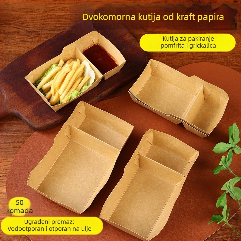 Kraft papirnata kutija za ponijeti s odjeljcima za pomfrit, pržene peciva i umake za umakanje; jednokratna pladnja za obrok