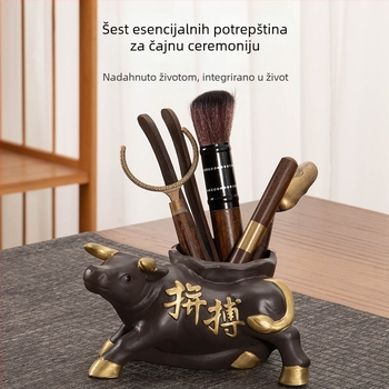 Set šest džentlmmena za čajnu ceremoniju od ebenovine s bambusovim dodacima, uključuje čajnu žlicu, čajnu posudu, čajni nož i čajni klips