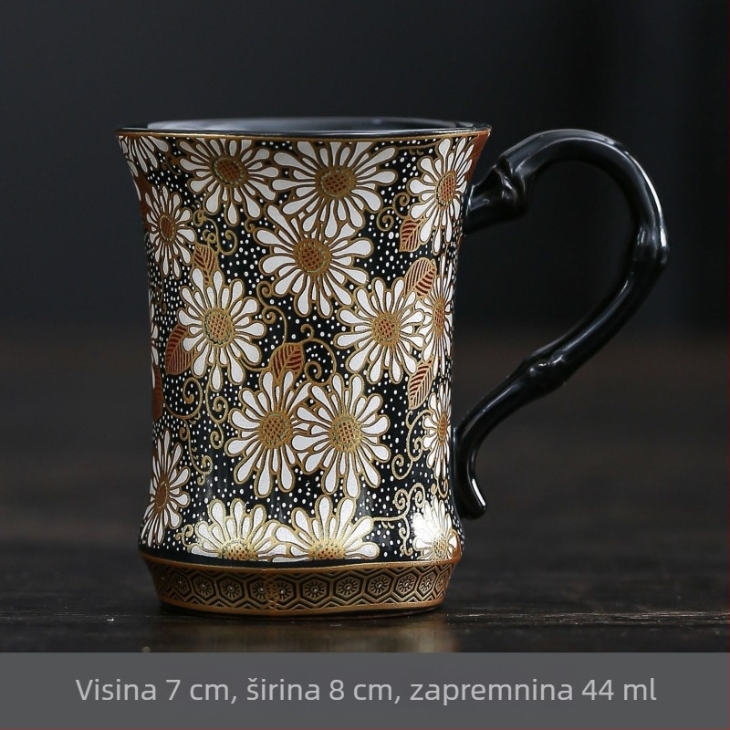 Šalica za čaj od Ru porcelana s inlajom zlata i srebra, mali dizajn tratinčice, s držalom, za ured ili dnevni boravak