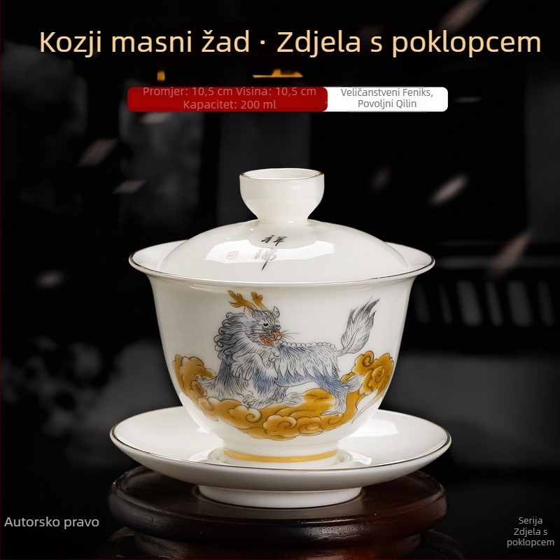 Bijela porcelanska šalica za čaj s poklopcem i podmetačem, zlatni detalji i trobojna glazura, trodijelni čajni set