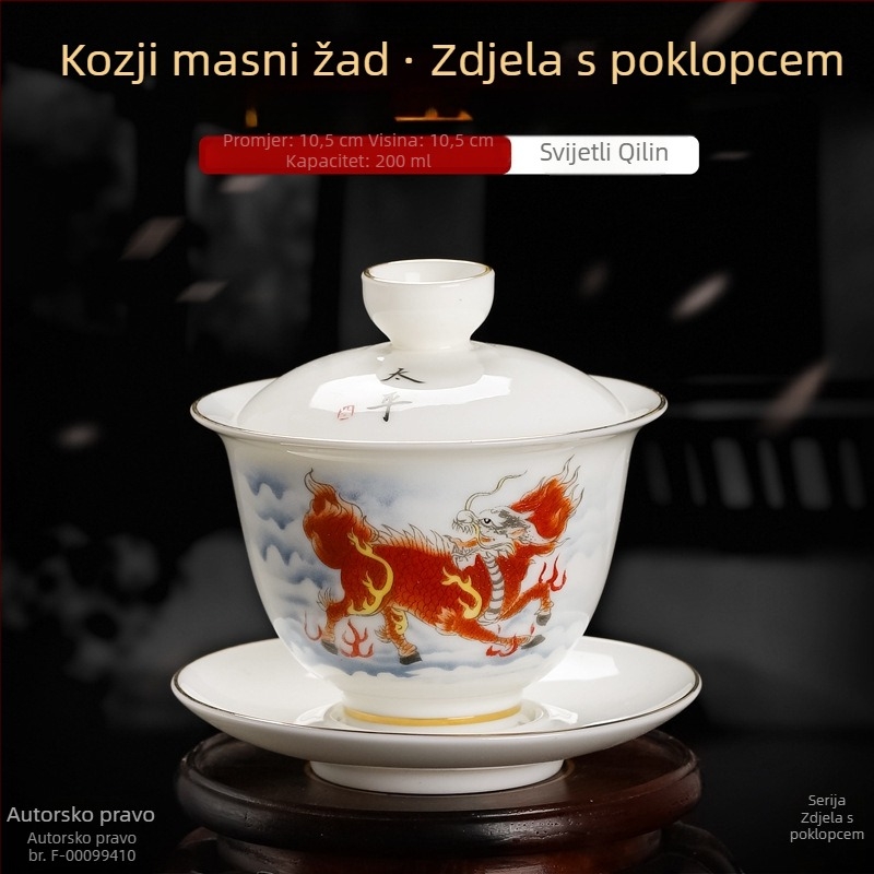 Bijela porcelanska šalica za čaj s poklopcem i podmetačem, zlatni detalji i trobojna glazura, trodijelni čajni set