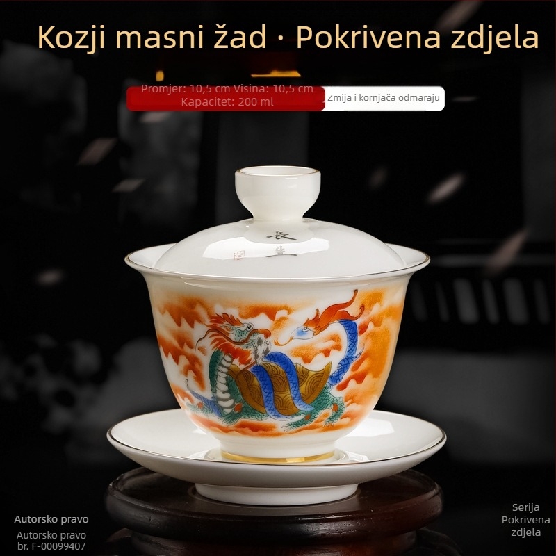 Bijela porcelanska šalica za čaj s poklopcem i podmetačem, zlatni detalji i trobojna glazura, trodijelni čajni set