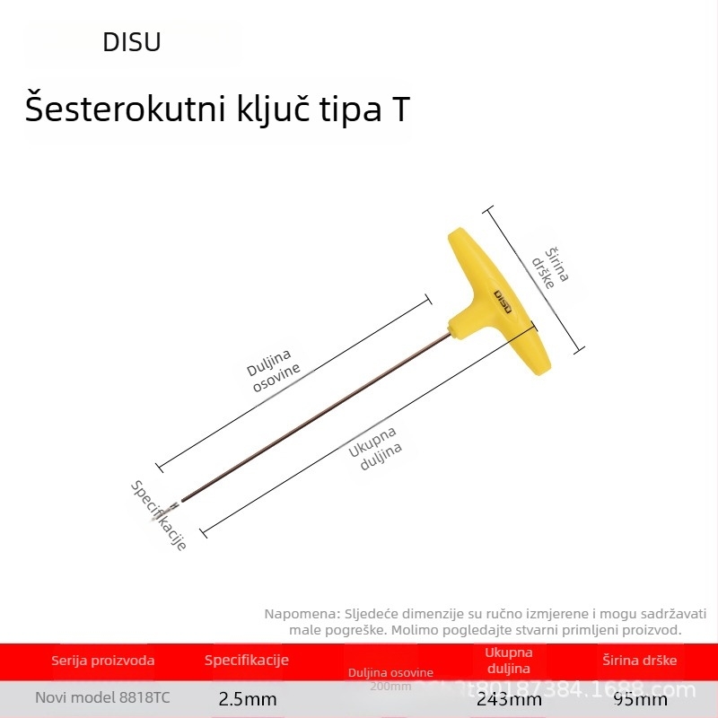 Disu T-oblik šesterokutni ključ, dugačak, za kućnu upotrebu, veličine 2–8 mm, S2 legura čelika