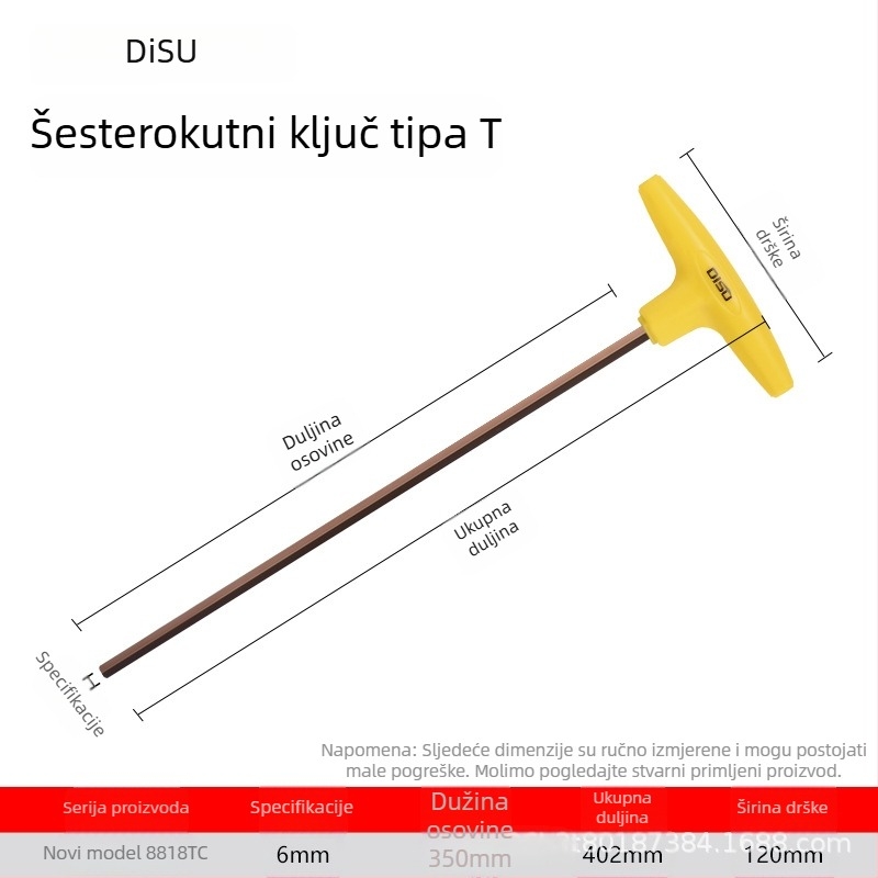 Disu T-oblik šesterokutni ključ, dugačak, za kućnu upotrebu, veličine 2–8 mm, S2 legura čelika