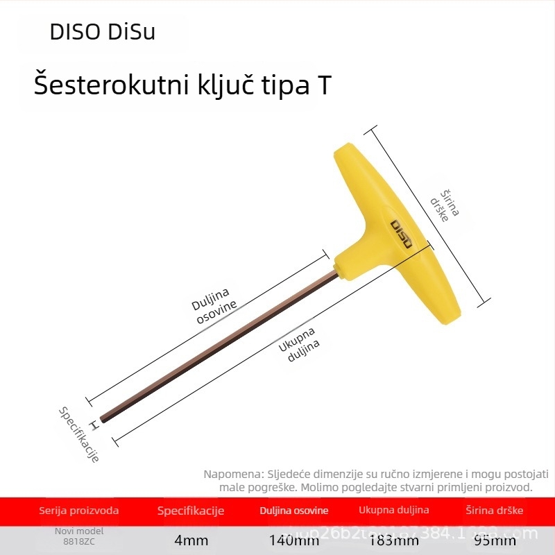 Disu T-oblik šesterokutni ključ, dugačak, za kućnu upotrebu, veličine 2–8 mm, S2 legura čelika