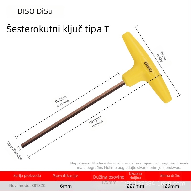 Disu T-oblik šesterokutni ključ, dugačak, za kućnu upotrebu, veličine 2–8 mm, S2 legura čelika