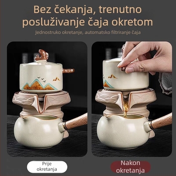Ru Kiln automatski čajni set za kućnu upotrebu, jednostavan priprema čaja, rotirajući čajnik s keramičkim mlincem i šalice, luksuzan čajni set s poklon kutijom