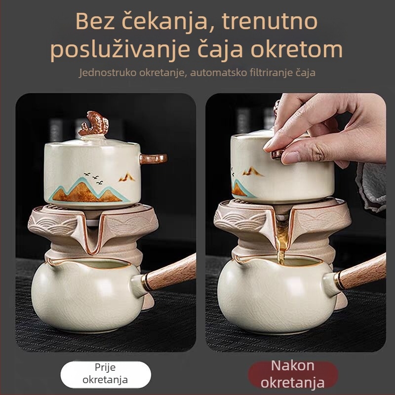 Ru Kiln automatski čajni set za kućnu upotrebu, jednostavan priprema čaja, rotirajući čajnik s keramičkim mlincem i šalice, luksuzan čajni set s poklon kutijom