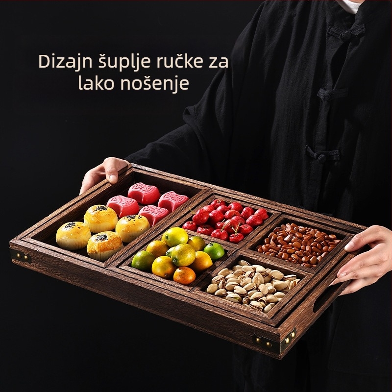 Drveni poslužavnik za čaj s više pretinaca za pripremu čaja, suho voće i poslastice za poslijepodne, kineski stil