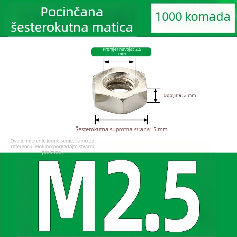 Niklana vanjska šesterokutna matica od ugljičnog čelika, DIN 934 crna površinska obrada, klasa 4.8, veličine M2–M5