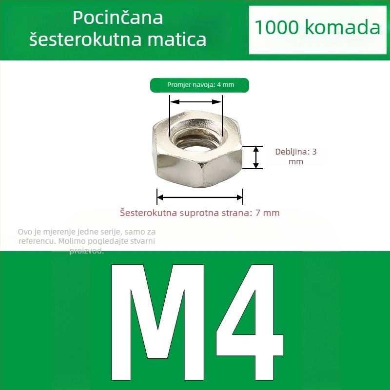 Niklana vanjska šesterokutna matica od ugljičnog čelika, DIN 934 crna površinska obrada, klasa 4.8, veličine M2–M5