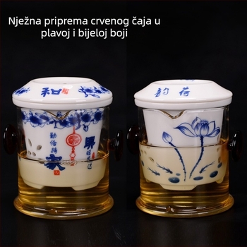 Stakleni čajnik otporan na visoke temperature s keramičkim filterom, plavo-bijeli porculanski čajni set