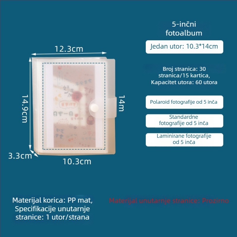 3-inčni foto-album za kartice s četiri odjeljka, PP kućištem, kopčom u obliku gljive, držač za kartice i fotografije, 20 stranica