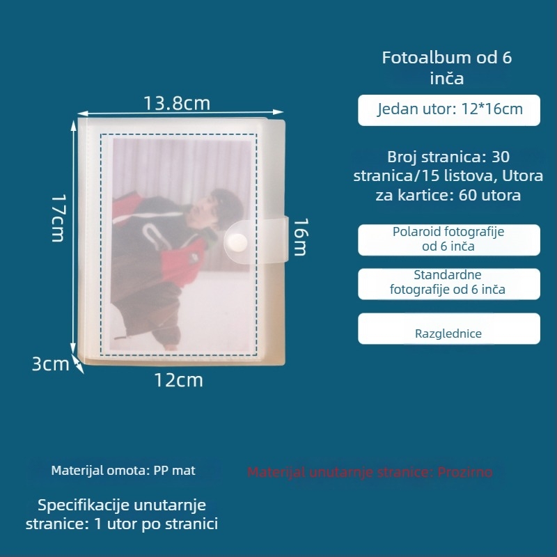 3-inčni foto-album za kartice s četiri odjeljka, PP kućištem, kopčom u obliku gljive, držač za kartice i fotografije, 20 stranica