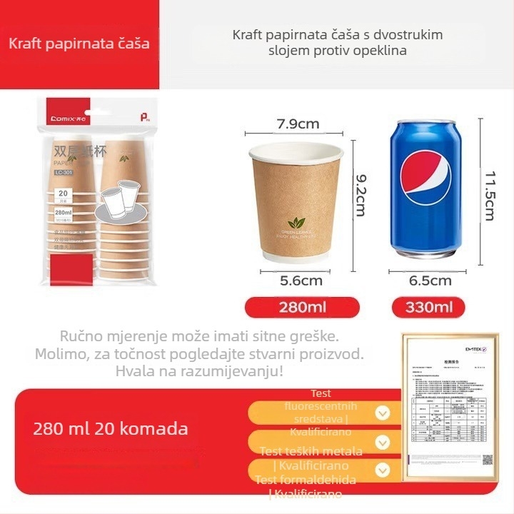 Qixin jednokratna izolirana debela papirnata čaša za tople napitke, dvostruka stijena, za kavu ili čaj, 201–300 ml, mikrovalna pećnica kompatibilna