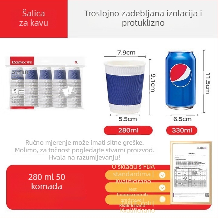 Qixin jednokratna izolirana debela papirnata čaša za tople napitke, dvostruka stijena, za kavu ili čaj, 201–300 ml, mikrovalna pećnica kompatibilna