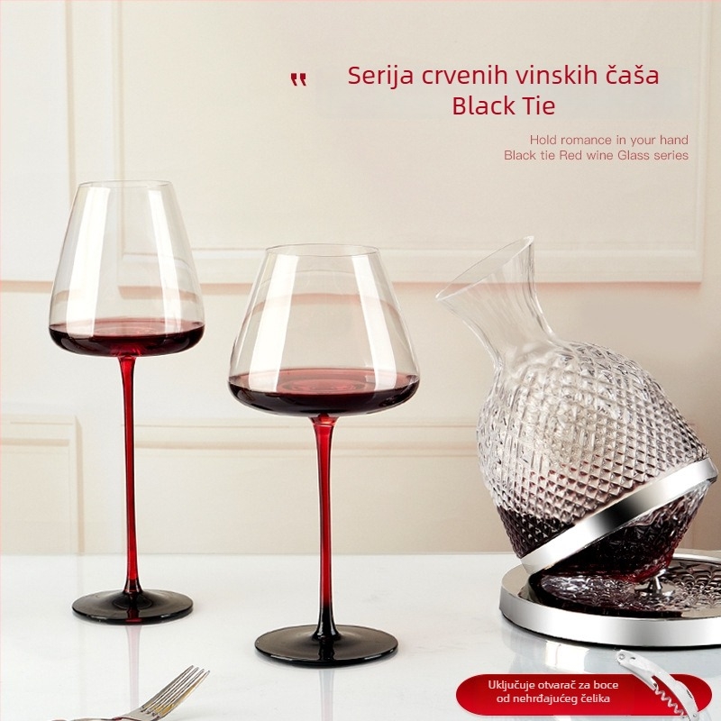 Burgundska čaša za crveno vino od bezolovnatog kristala, s crnom mašnicom i crvenom stabljikom, Bordeaux stil, vrhunska čaša za vino