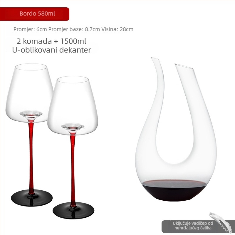 Burgundska čaša za crveno vino od bezolovnatog kristala, s crnom mašnicom i crvenom stabljikom, Bordeaux stil, vrhunska čaša za vino