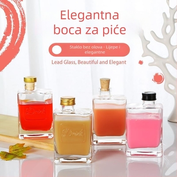 Kvadratna staklena boca za napitke 280 ml – prijenosna prozirna plosnata boca za sokove, mliječne čaje i ostale napitke, s vijčanim zatvaračem (srebro/crna/zlato)