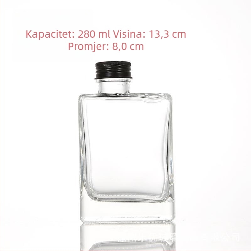 Kvadratna staklena boca za napitke 280 ml – prijenosna prozirna plosnata boca za sokove, mliječne čaje i ostale napitke, s vijčanim zatvaračem (srebro/crna/zlato)