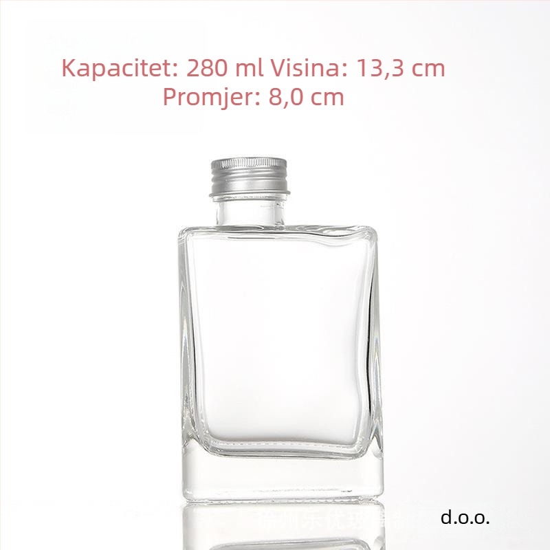 Kvadratna staklena boca za napitke 280 ml – prijenosna prozirna plosnata boca za sokove, mliječne čaje i ostale napitke, s vijčanim zatvaračem (srebro/crna/zlato)