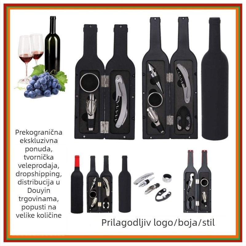 Set za otvaranje boce vina, 3–5 komada, uključuje otvarač za boce, izlijevač vina, čep za vino, nož za foliju i prsten za vino