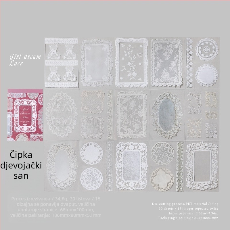 Sugar Poetry PET Čipkaste naljepnice – Knjiga za dnevnik, Muzej čipke, retro stil, DIY kolage naljepnice