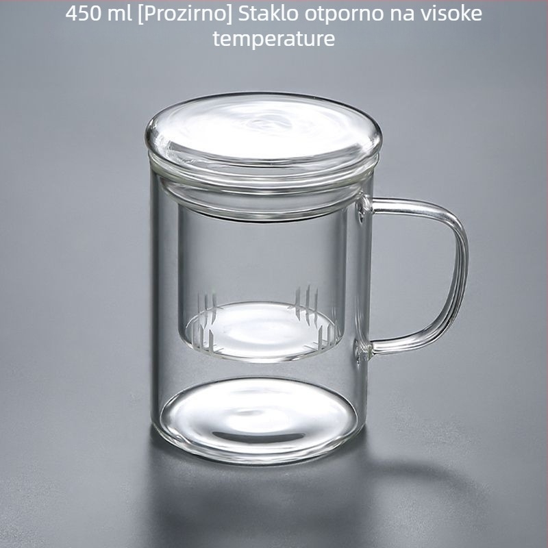 Staklena šalica za čaj za ured s razdvajanjem čaja i vode, set od 3 komada, drvena podloga, za čaj od cvijeta