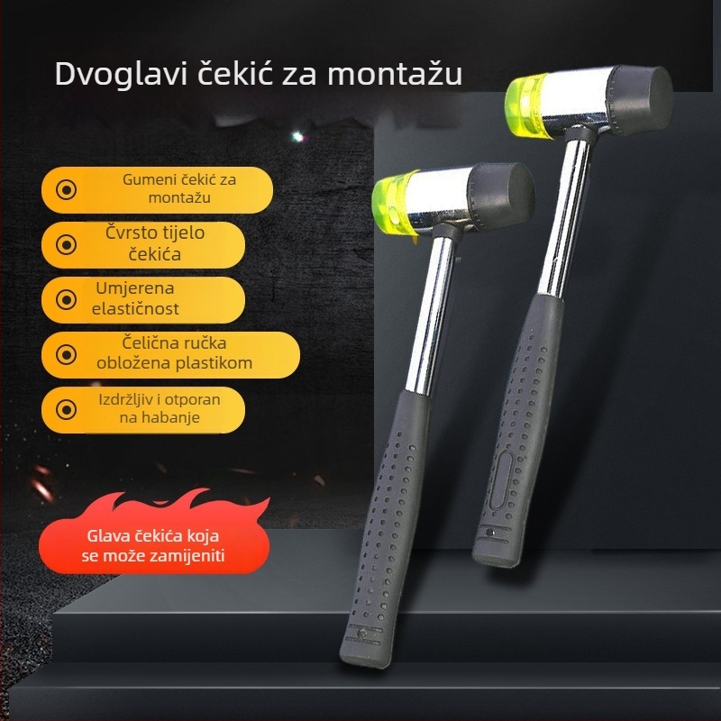 Dvostruki gumeni čekić s čvrstim tijelom, drška od čelične cijevi s plastičnim premazom – montažni čekić, gumeni čekić, više veličina