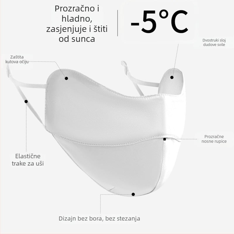 Tangge Maska za lice od svile, 19 mm, dišuća, dvostruka zaštita od sunca, 100% svila mulberry