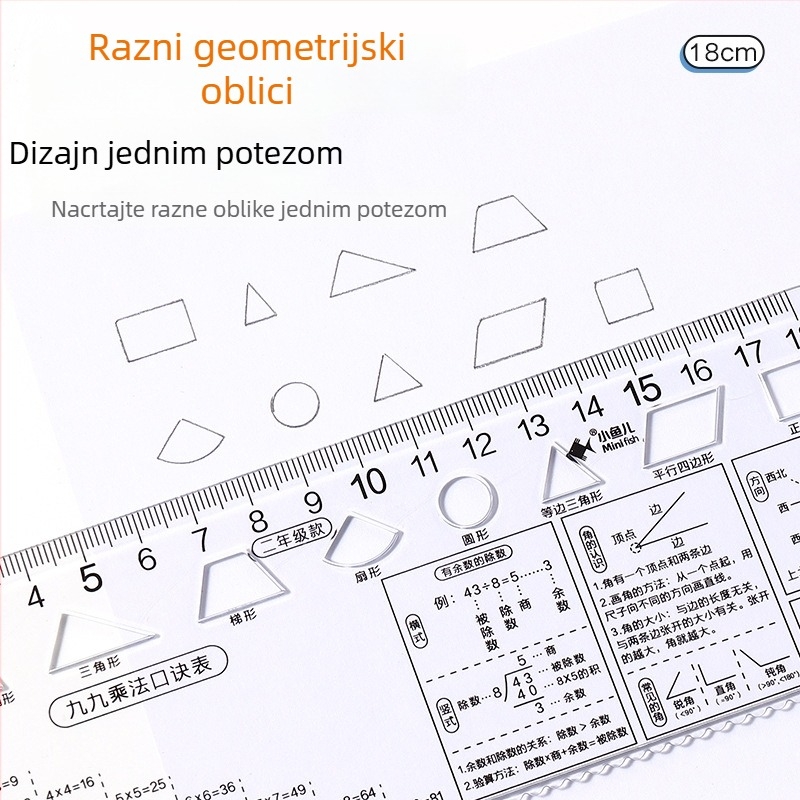 Četverodijelni skup prozirnih ravnala za crtanje za učenike od 1. do 9. razreda, višefunkcionalna ravnala s referencama matematičkih formula