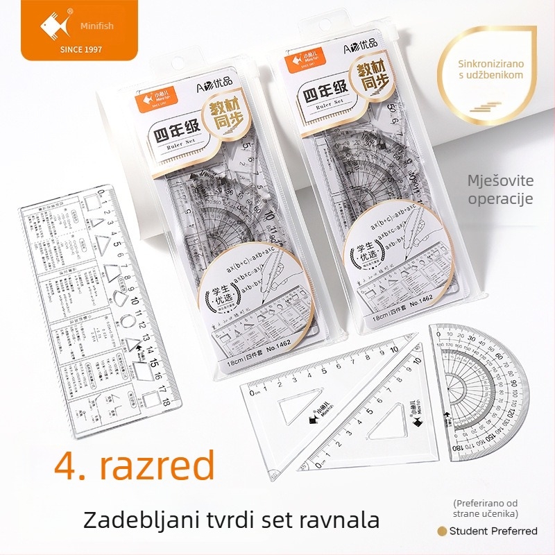 Četverodijelni skup prozirnih ravnala za crtanje za učenike od 1. do 9. razreda, višefunkcionalna ravnala s referencama matematičkih formula