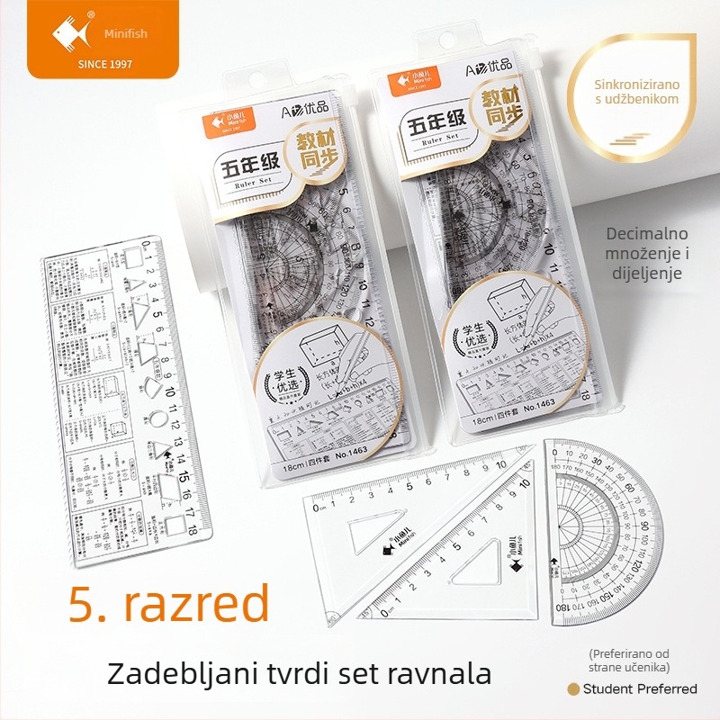 Četverodijelni skup prozirnih ravnala za crtanje za učenike od 1. do 9. razreda, višefunkcionalna ravnala s referencama matematičkih formula