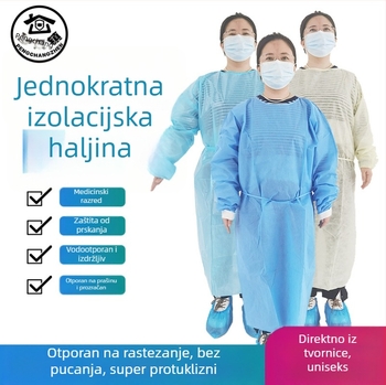 Jednokratna izolacijska haljina od netkanog SMS materijala, reverzibilna, prašini otporna, debeli model, za laboratorijsku upotrebu.