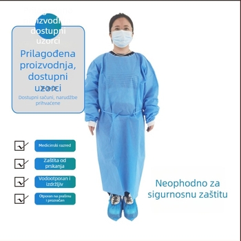 Jednokratna izolacijska haljina od netkanog SMS materijala, reverzibilna, prašini otporna, debeli model, za laboratorijsku upotrebu.