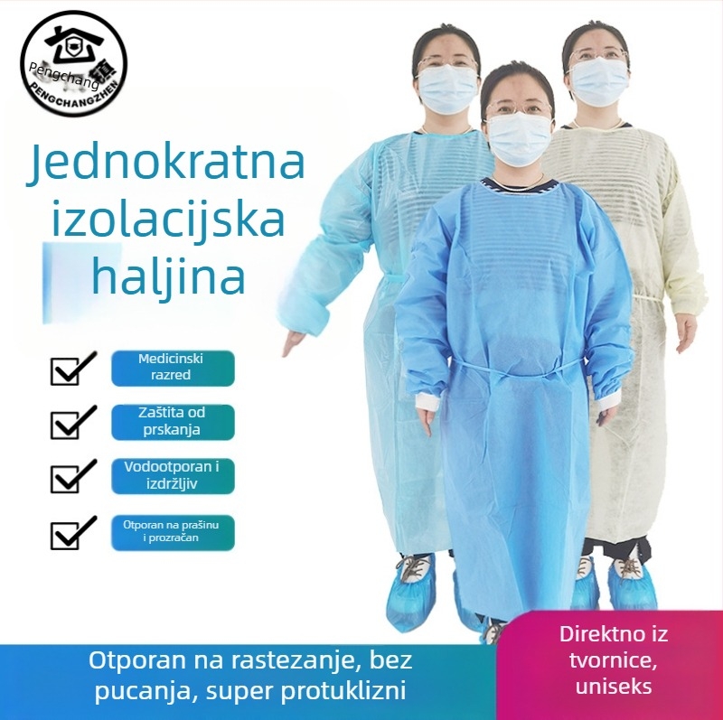 Jednokratna izolacijska haljina od netkanog SMS materijala, reverzibilna, prašini otporna, debeli model, za laboratorijsku upotrebu.